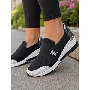Michael Kors Felix Trainer Slip On Sneakers Womens Size 8 Black MK Logo Wedge